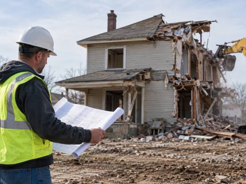 Site supervisor in a hard hat reading plans beside a house that is coming down
