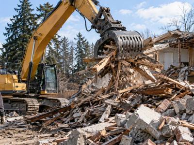 Excavator sorting wood from masonry in a demolition debris pile