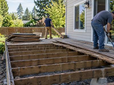Backyard deck half torn out, with the boards stacked to one side
