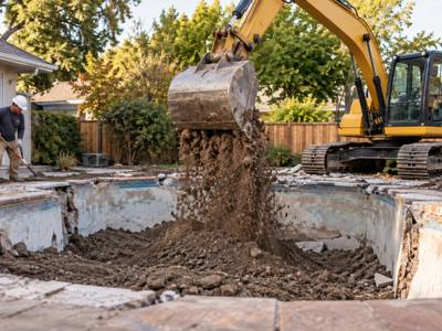 Excavator placing clean fill into a partly removed backyard pool