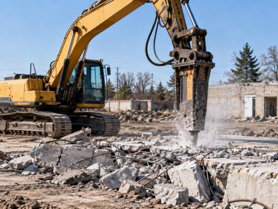 Hydraulic breaker cracking an old concrete slab
