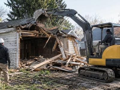 Mini excavator taking down an old detached wooden garage