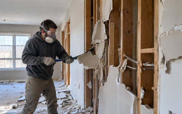 Worker in a respirator and eye protection removing old wall board inside a vacant house