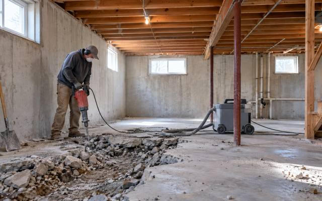 Basement emptied to bare concrete walls, with part of the floor slab broken out