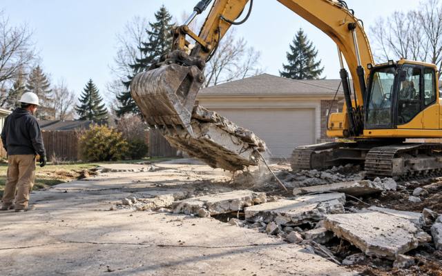 Excavator lifting broken slabs from an old concrete driveway
