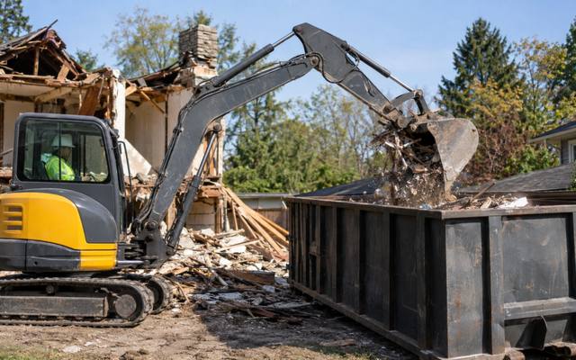 Compact excavator loading demolition debris into an open-top roll-off bin
