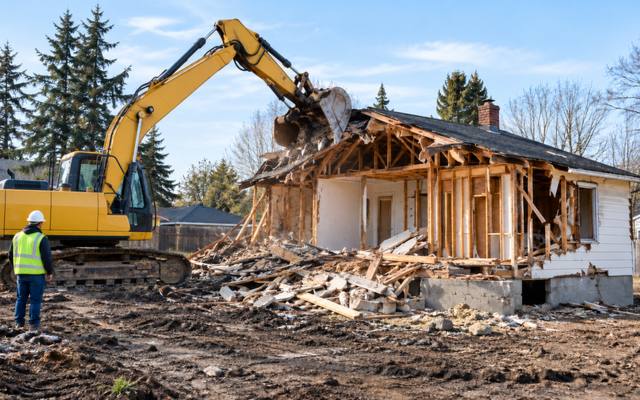 Excavator demolishing a small single-story house on a residential lot