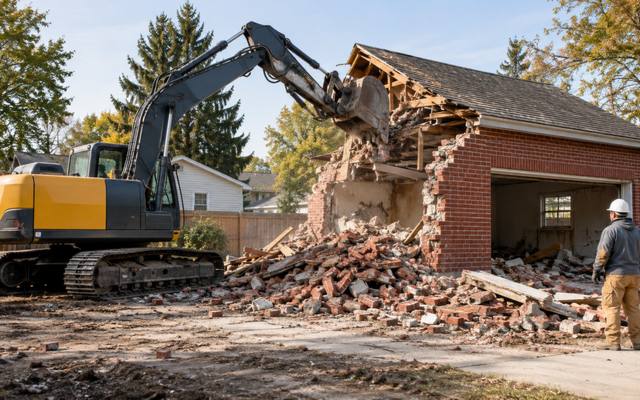Excavator breaking down a detached red brick garage, with brick rubble on the driveway