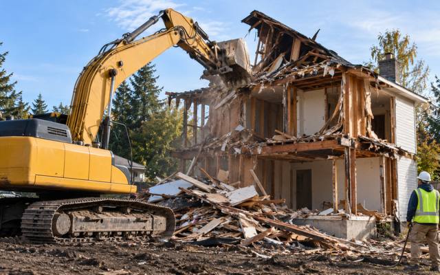 Large excavator taking down a vacant two-story frame house