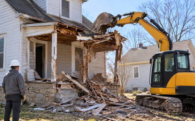 Small excavator removing an old front porch while the house behind it stays standing