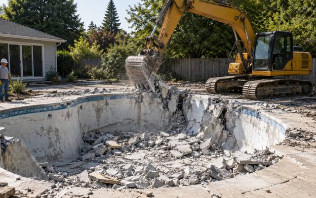 Excavator breaking out the walls and floor of an old inground concrete pool