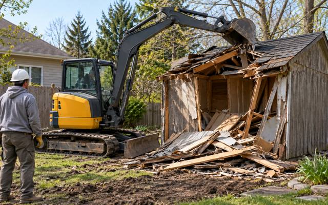 Compact excavator pulling apart an old wooden backyard shed