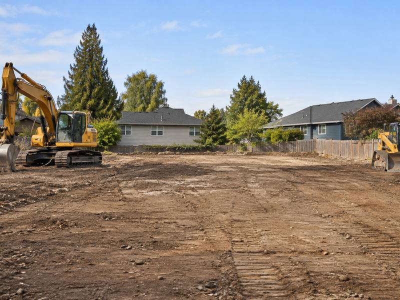 Cleared and graded residential lot after a house demolition, with neighbouring homes behind